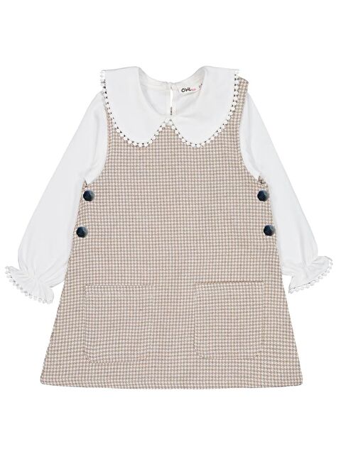 Civil Girls Yakası Pomponlu 2-5 Yaş Elbise - Bej 3-4 Yaş - S000484520-19928