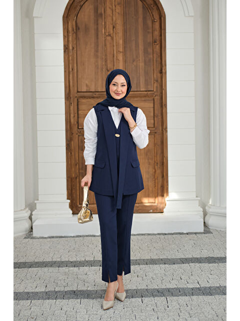 Locco Moda Kadın Gold Düğme Detaylı Yelekli Takım Lacivert