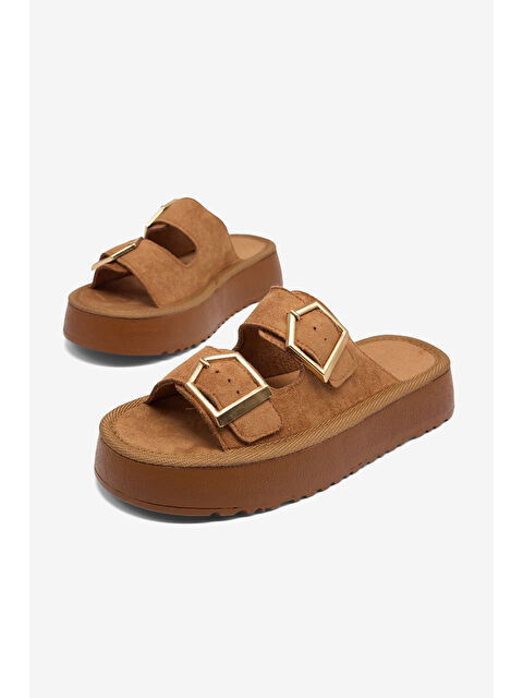 TONNY BLACK Kadın Taba Rahat Kalıp Yüksek Taban Tokalı Terlik