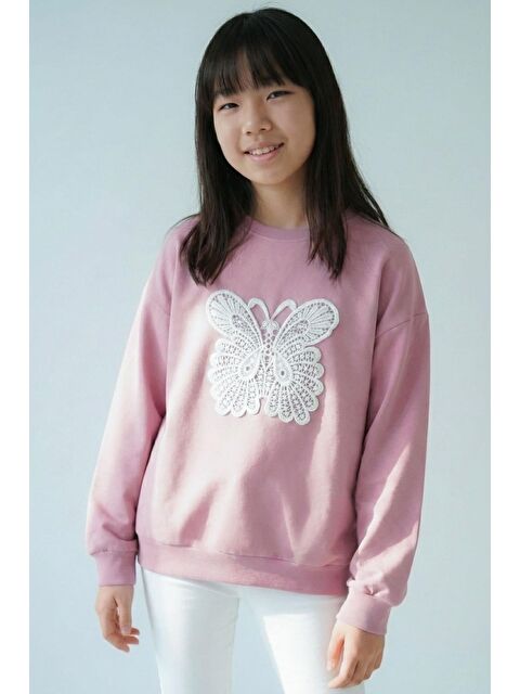 Breeze Kız Çocuk Sweatshirt Kelebek Aplike Nakışlı Gülkurusu (8-12 Yaş)