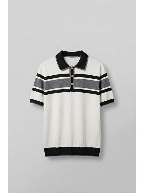 Abluka Online Erkek Regular Fit Çizgili Havlu Triko Polo Yaka T-Shirt Ekru Siyah