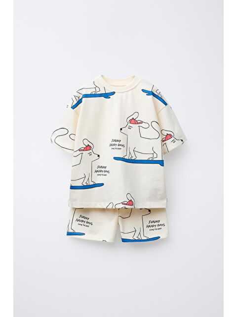 Magu Erkek Çocuk Pamuklu Ekru Sörf Köpek Desenli T-Shirt Ve Şort Eşofman Takım - Oversize Rahat Kalıp - S000516568-19965