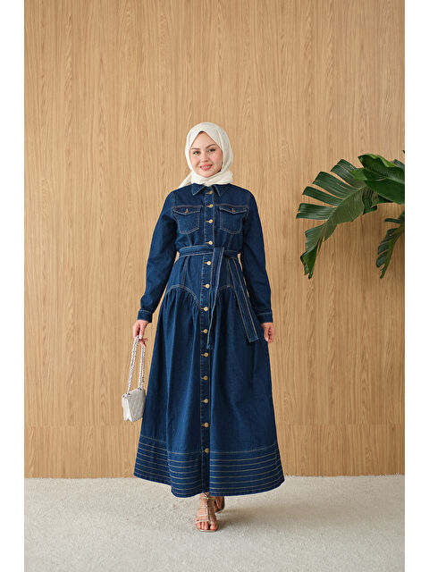 Locco Moda Kadın Çift Cepli Bel Büzgü Ve Dikiş Detay Boydan Düğmeli Jean Elbise Lacivert