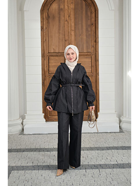 Locco Moda Kadın Beli Lastik Detay V Yaka Kemerli Takım Siyah