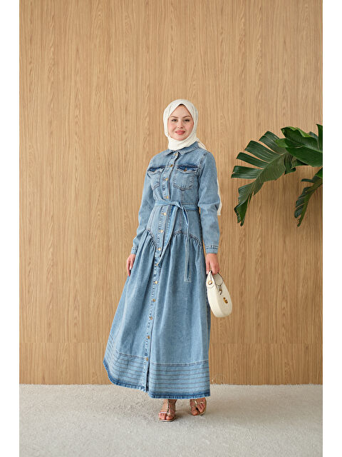 Locco Moda Kadın Çift Cepli Bel Büzgü Ve Dikiş Detay Boydan Düğmeli Jean Elbise Buz Mavi