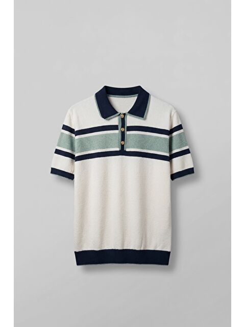 Abluka Online Erkek Regular Fit Çizgili Havlu Triko Polo Yaka T-Shirt Ekru Lacivert