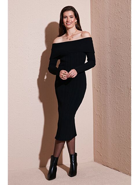 Lela Premium Fitilli Carmen Yaka Slim Fit Midi Boy Triko Elbise 680EL00033 - S000424914-19351