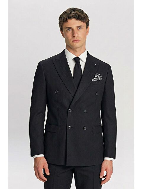 Sabri Özel Giotelli Siyah %100 Kadife Kruvaze Yaka Fleto Cepli 6 Drop Erkek Takım Elbise - S000523814-19351