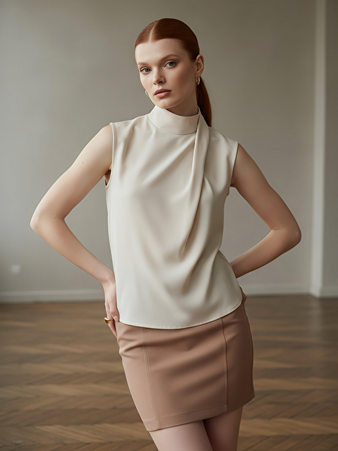 Pera Moda Boğazlı İç Göstermeyen Sıfır Kol Kadın Gömleği