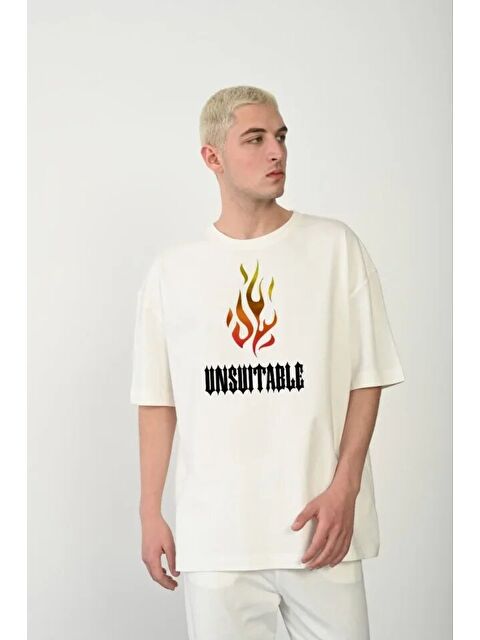 Jane's Unisex Bisiklet Yaka Baskılı Oversize T-Shirt - Beyaz