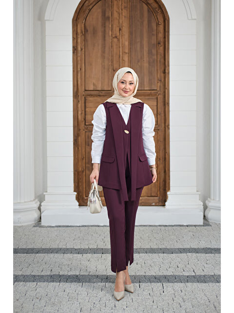 Locco Moda Kadın Gold Düğme Detaylı Yelekli Takım Mürdüm