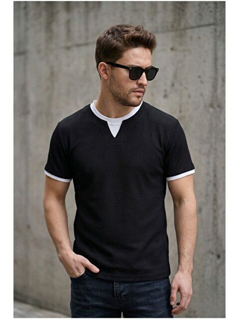 Oksit Prey Vaffle Dokulu Çift Yaka Görünümlü Slim Fit Erkek Tişört