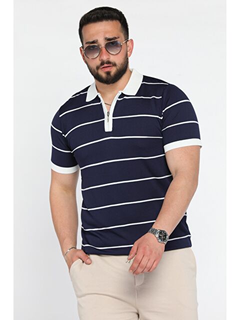 Mishar İtalia Erkek Polo Yaka Yarım Fermuarlı Çizgi Desenli Triko Tişört - S000399638-21164