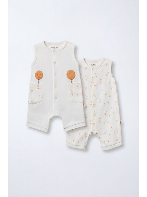 Magu Unisex Bebek Pamuklu Ekru 2'Li Kolsuz Tulum Seti - Desenli Ve Cepli