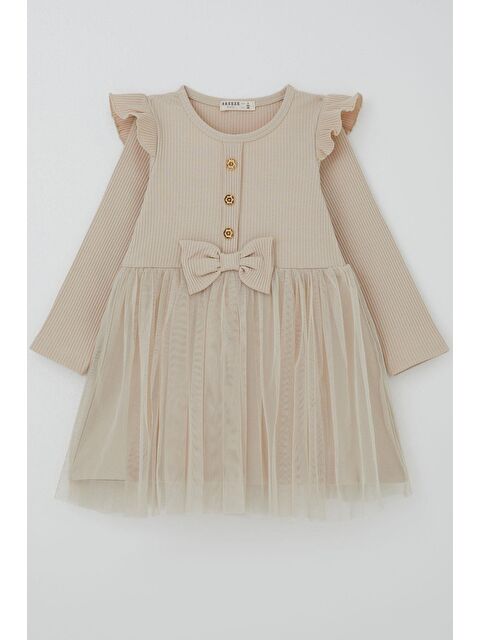 Breeze Kız Çocuk Uzun Kollu Elbise Omzu Fırfır Detaylı Fiyonklu Bej (3-8 Yaş) - S000489221-19928