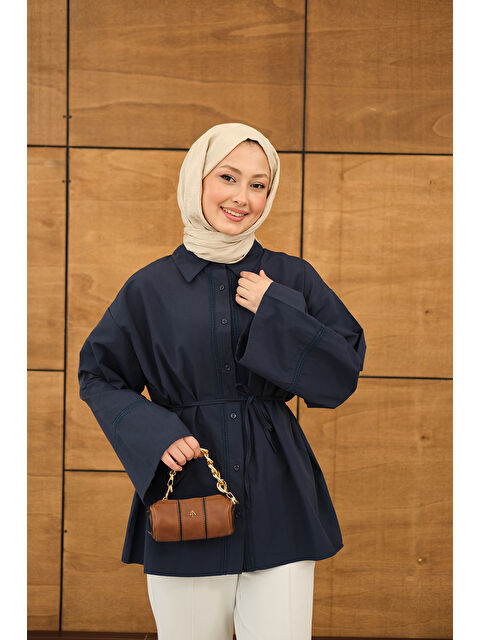 Locco Moda Kadın Dantel Detay Bel Bağlamalı Gömlek Lacivert - S000530155-21164