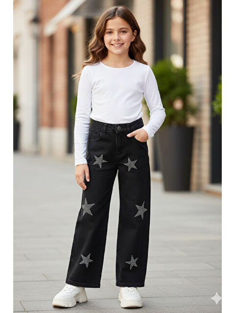 Modanino Kız Çocuk Esnek Belli Elastanlı Geniş Kesim Jean Pantolon 6-14 Yaş 12369 - S000489256-19351