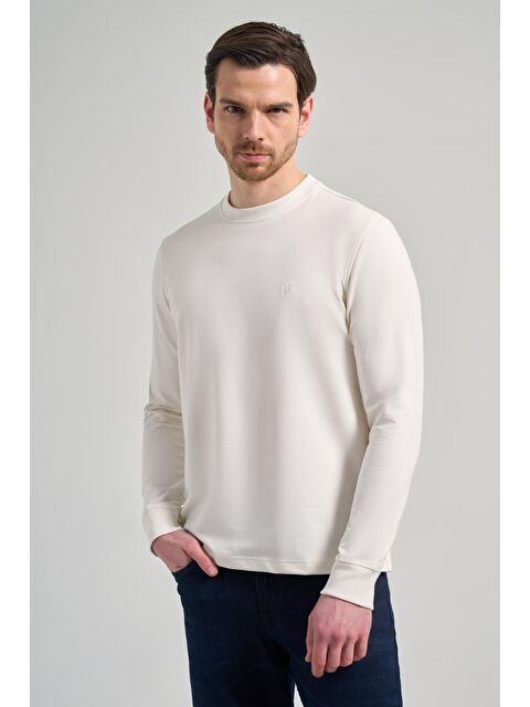 İMZA Açık Krem Uzun Kol Düz Örme Bisiklet Yaka Cepsiz Pamuklu Sweatshirt - S000352296-3162