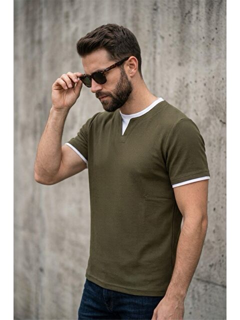 Oksit Prey Vaffle Dokulu Çift Yaka Görünümlü Slim Fit Erkek Tişört