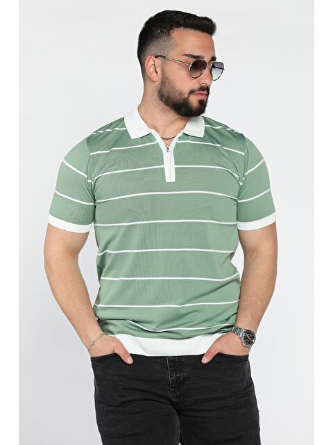 Mishar İtalia Erkek Polo Yaka Yarım Fermuarlı Çizgi Desenli Triko Tişört - S000399638-1180