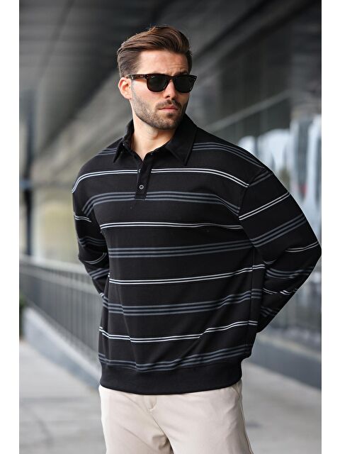 Madmext Siyah Çizgili Polo Yaka Erkek Sweatshirt E7172 - S000457807-19351