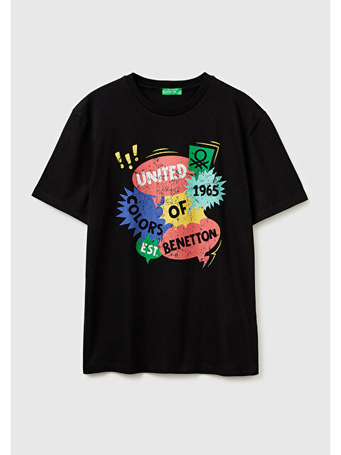 United Colors Of Benetton Erkek Siyah  %100 Pamuk Logo Baskılı Regular Fit Bisiklet Yaka T-Shirt
