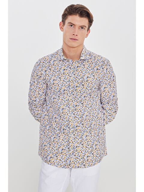AC&Co / Altınyıldız Classics Erkek Beyaz-Sarı Pamuklu Slim Fit Dar Kesim Büyük İtalyan Yaka Baskılı Gömlek - S000523491-37245