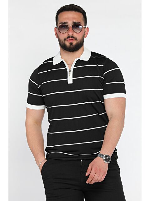 Mishar İtalia Erkek Polo Yaka Yarım Fermuarlı Çizgi Desenli Triko Tişört - S000399638-19351