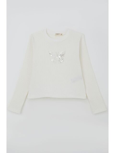 Breeze Kız Çocuk Uzun Kollu Tişört Kelebek Arma Detaylı Pullu İncili Ekru (8-14 Yaş) - S000490144-19965