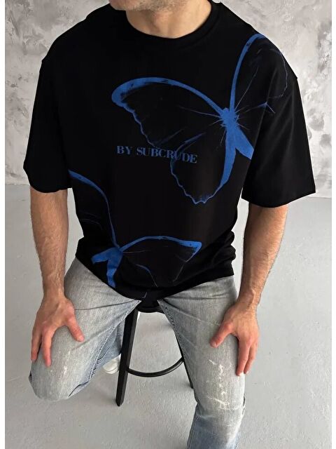 Jane's Unisex Bisiklet Yaka Baskılı Oversize T-Shirt - Siyah