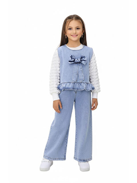 Modanino Kız Çocuk 3'lü Jean Takım (Pantolon+Yelek+Bluz) 5-10 Yaş 12467 - S000489262-17234