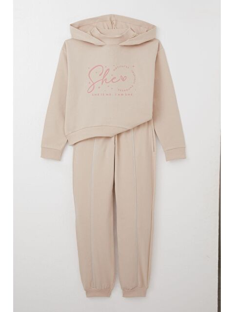 Breeze Kız Çoçuk Eşofman Takım Balıkçı Yaka Kapüşonlu Bej (8-12 Yaş) - S000355948-19928