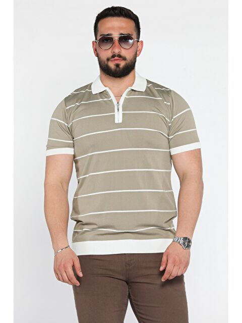 Mishar İtalia Erkek Polo Yaka Yarım Fermuarlı Çizgi Desenli Triko Tişört - S000399638-26429
