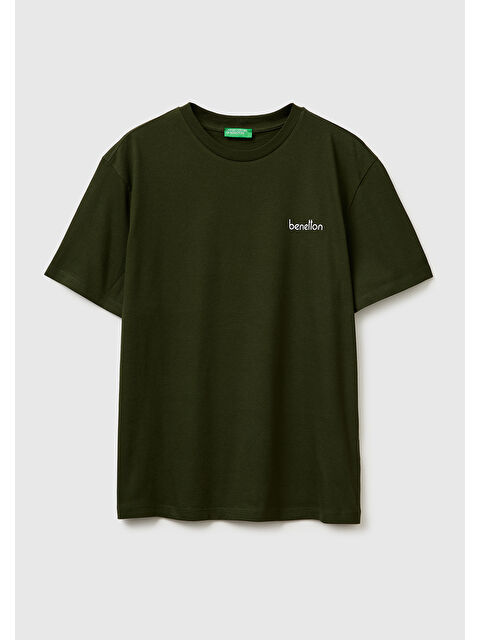 United Colors Of Benetton Erkek Koyu Yeşil  %100 Pamuk Logo Baskılı Regular Fit Bisiklet Yaka T-Shirt
