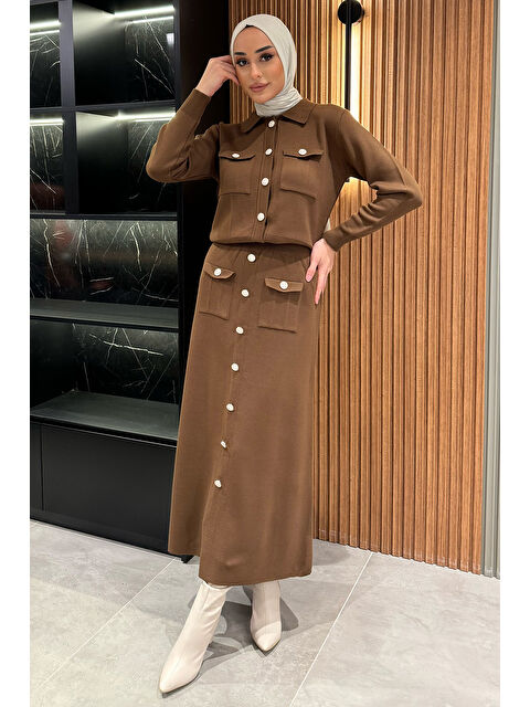 Julude Düğme Detaylı Hırka Etek Tesettür Triko İkili Takım - S000300138-19413