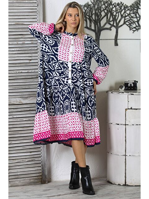 Chiccy Lacivert-Beyaz-Pembe Hakim Yaka Uzun Kol Düğmeli Fırfırlı Geniş Kesim Dokuma Casual Elbise