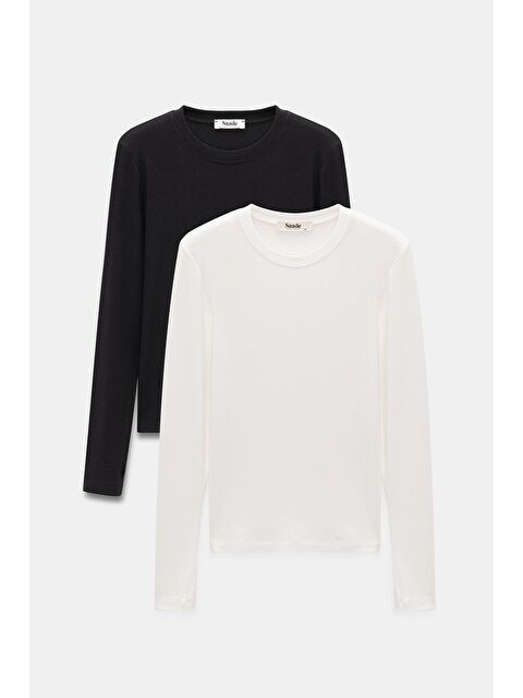 Saade Ekru-Siyah Kadın Bisiklet Yaka Parmak Geçmeli Uzun Kollu Body/Bluz - 2'li Paket