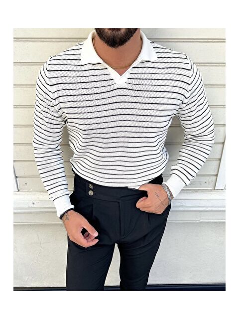 Tarz Cool Erkek Çizgili Polo Yaka Triko Kazak