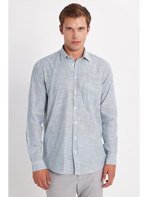 TUDORS Erkek Regular Fit Klasik Kesim Uzun Kollu %100 Pamuk Keten Doku Tek Cepli Yeşil Çizgili Gömlek - S000523495-23173