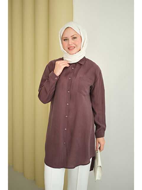 Locco Moda Kadın Basic Uzun Gömlek Mürdüm - S000530157-20036