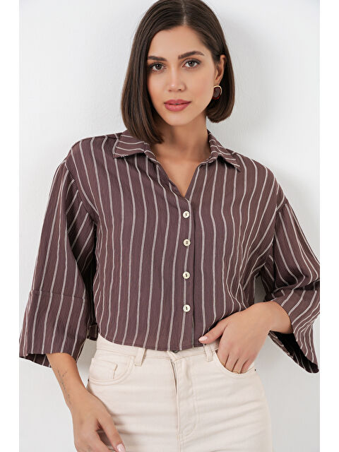 Bigdart Kadın Çizgili Oversize Kısa Gömlek 20326 - Kahverengi - S000393897-19413