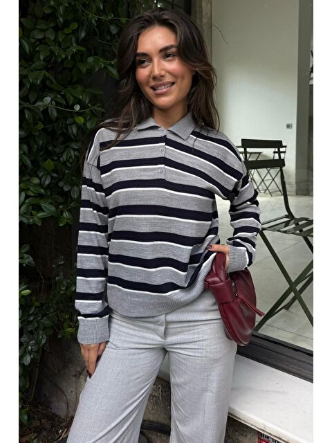 Madmext Gri Çizgili Polo Yaka Düğmeli Kadın Kazak Mg2561 - S000457808-20600