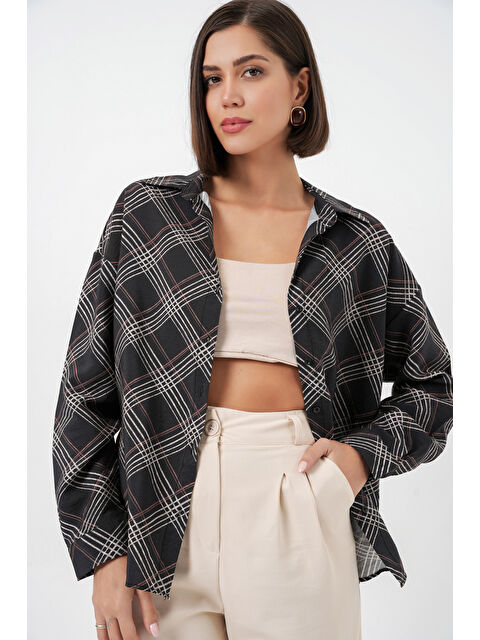 Bigdart Kadın Oversize Desenli Gömlek 20372 - Siyah - S000524618-19351