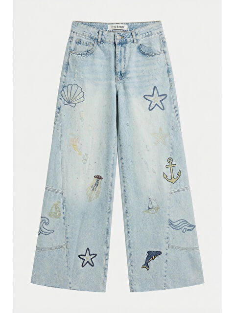 It's Basic Kadın Jean Rengi T-12s6-99 Palazzo Fit Nakış Detaylı Özel Tasarım Denim Jean