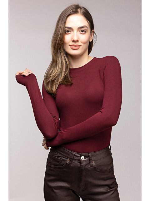 Saade Bordo Kadın Bisiklet Yaka Parmak Geçmeli Uzun Kollu Body/Bluz