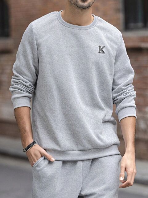 Trendseninle Gri K Baskılı Oversize Bisiklet Yaka Uzun Kollu Sweatshirt - S000473706-20600