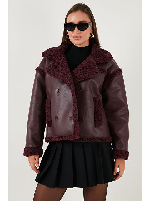 Lela Oversize Kruvaze Yaka Pelüş Detaylı Suni Deri Biker Ceket Mont 6810247 - S000424912-19951