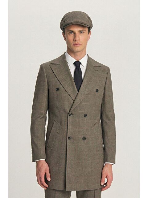 Sabri Özel Giotelli Erkek Bej Slim Fit Ekose Mono Yaka 6 Drop Tam Astarlı 5'Li Takım Elbise - S000523823-19928