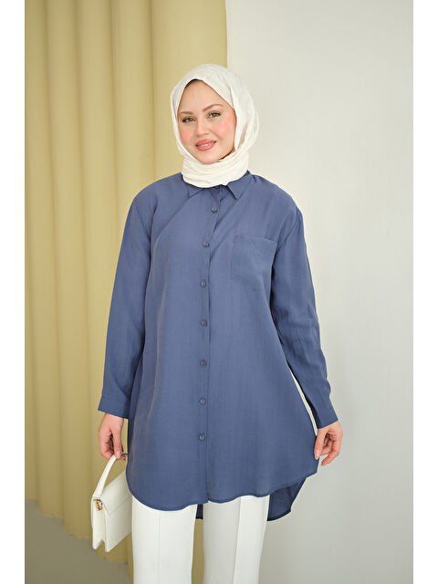 Locco Moda Kadın Basic Uzun Gömlek İndigo Mavi - S000530157-23093