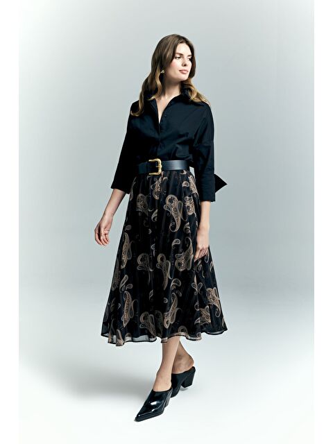 SATEEN Şal Desen Şifon Etek - Siyah - S000531629-19351